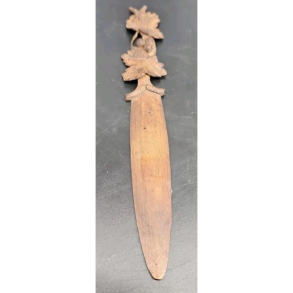 Signed Letter Opener Vintage Black Forest Switzerland Leaf Floral Wood Carved